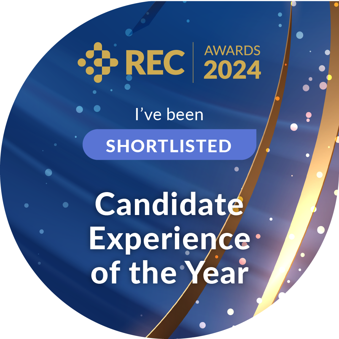 A badge from the REC awards saying I've been shortlisted for candidate experience of the year